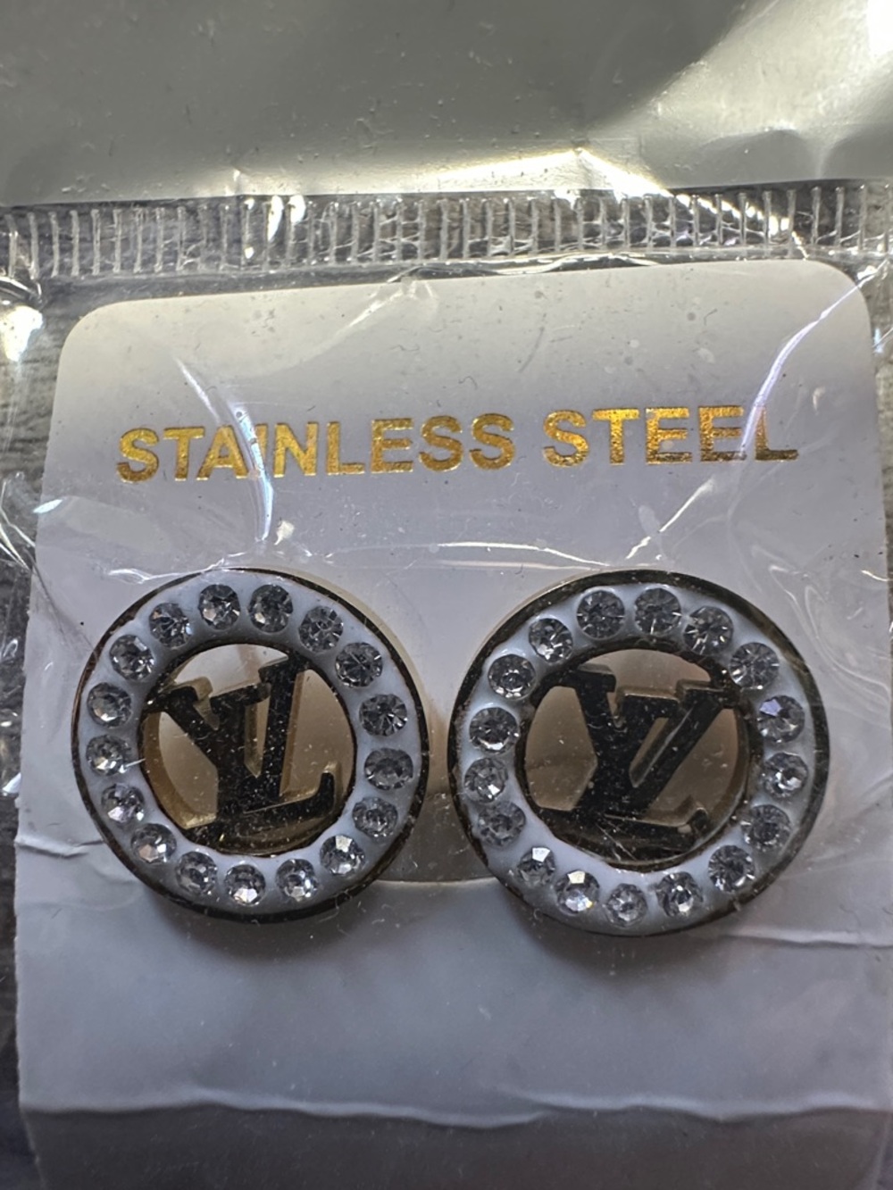 Round Crystal Logo Stainless Steel Stud Earrings - Gold & Silver